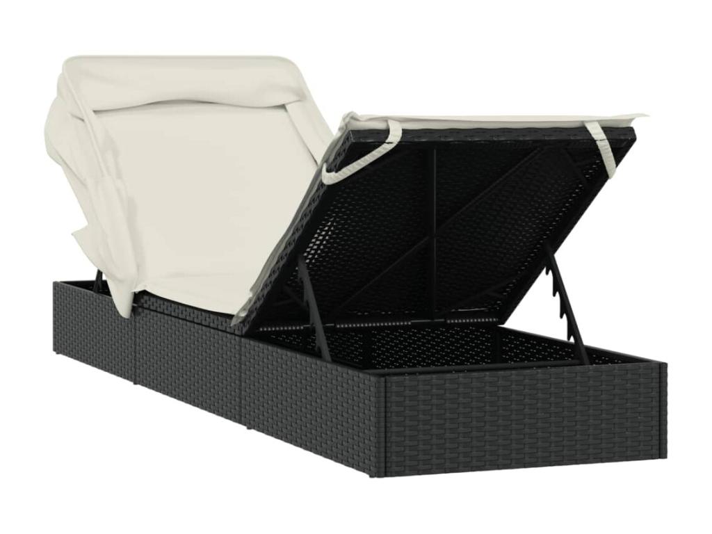 Sun lounger with folding canopy, black, 213x63x97 cm, woven resin BCKP15604