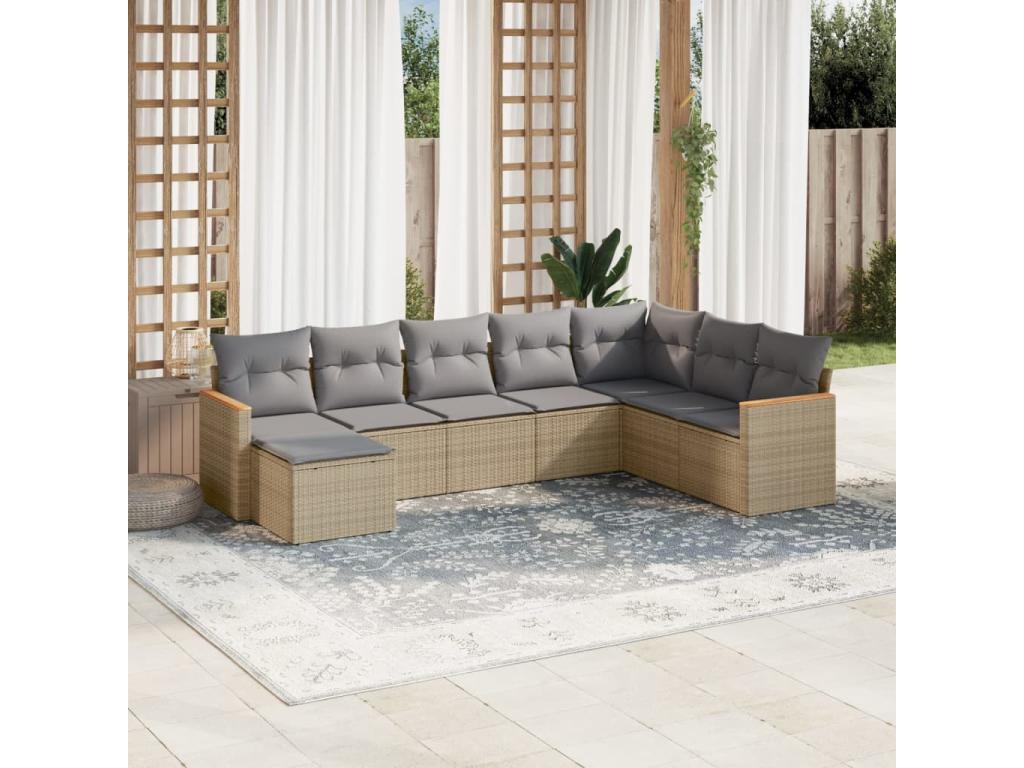 8-piece garden furniture set with cushions, beige woven resin, UOZM15391