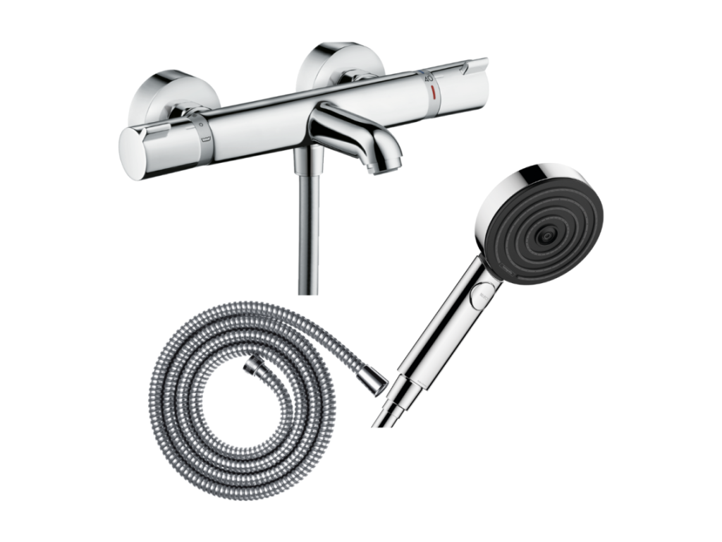 Decohaute Ecostat thermostatic bath mixer pack, Decohaute 1.6m Metaflex flexible hose, Pulsify EcoSmart 3-jet chrome shower head MCPI13080