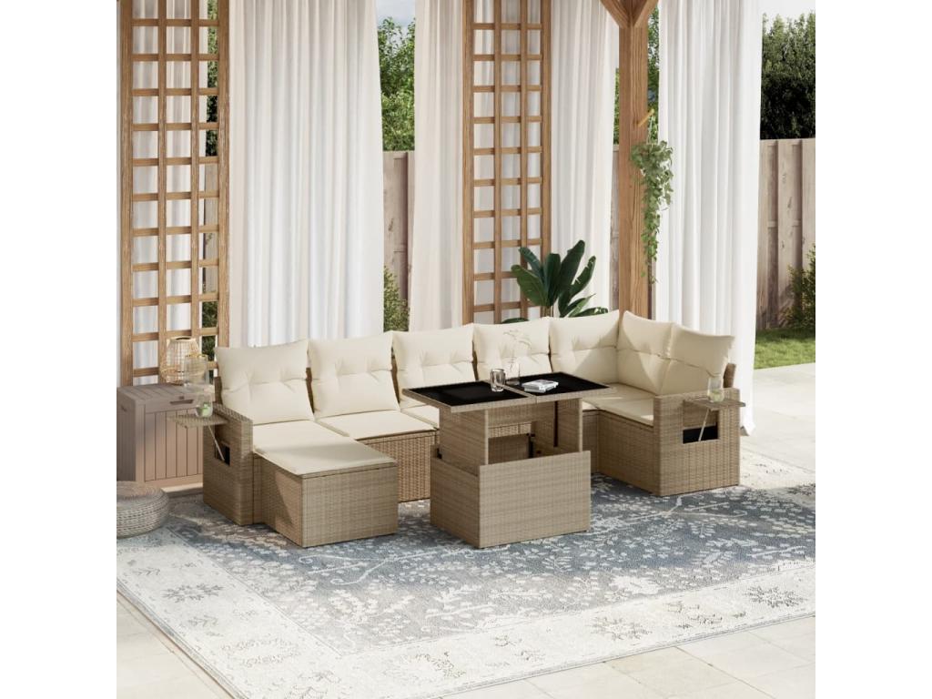 Garden furniture set with cushions, 8 pieces, beige woven resin FJHX15481
