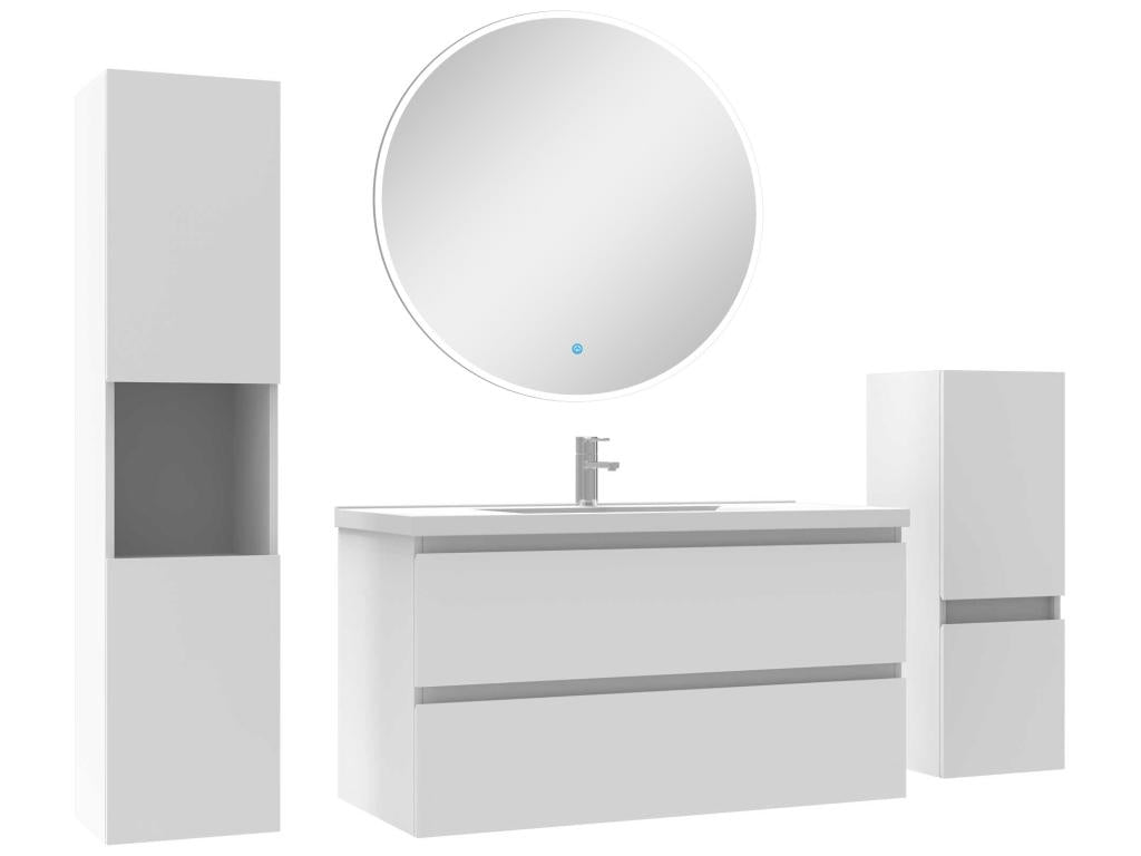 Bathroom furniture set 100cm single sink column round wall mirror White SDTT54090
