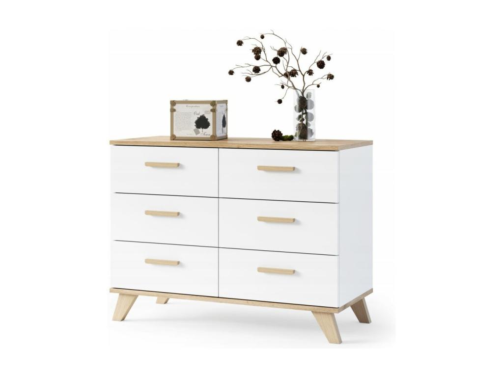 Decohaute Scandinavian Buffet 100 cm on legs, Wood and White, 6 drawers GDVU19673