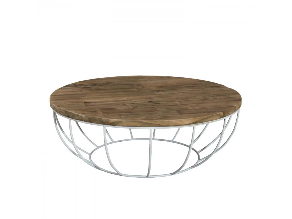 Decohaute - Round shell coffee table 100x100cm recycled teak top white metal base YQFZ80146
