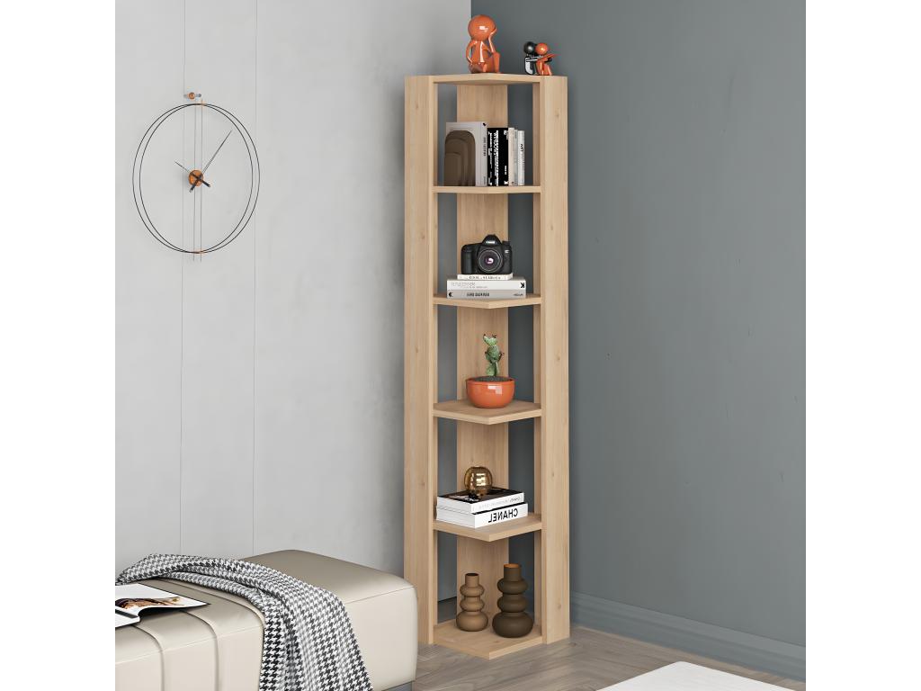 Corner wall-mounted bookcase with 5 shelves, oak finish, Decohaute LOZQ19329