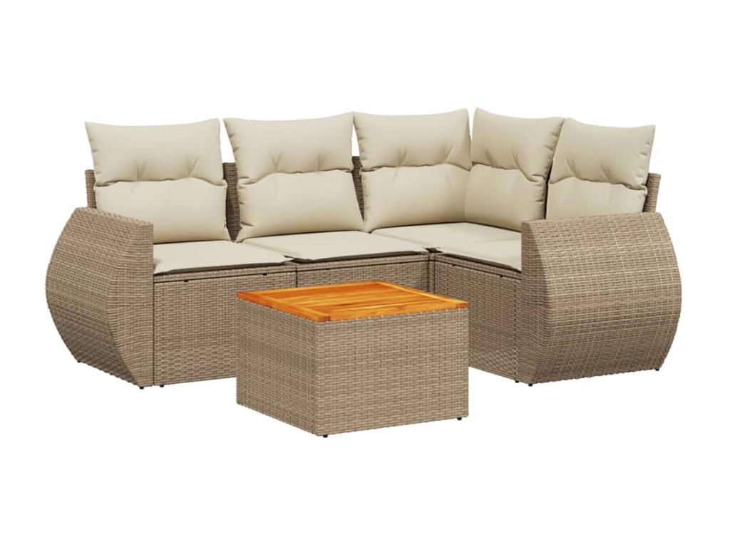 5-piece garden furniture set with cushions, beige woven resin WVQJ27110