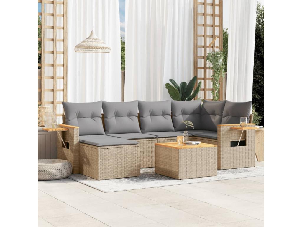 7-piece beige resin wicker garden furniture set with cushions ZMMT76944