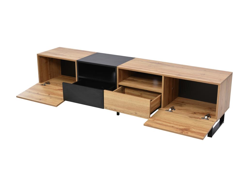 TV stand with 2 doors, 2 drawers / 2 shelves - wood look - MDF and gold-tone metal - oak and black finish KOJB84834
