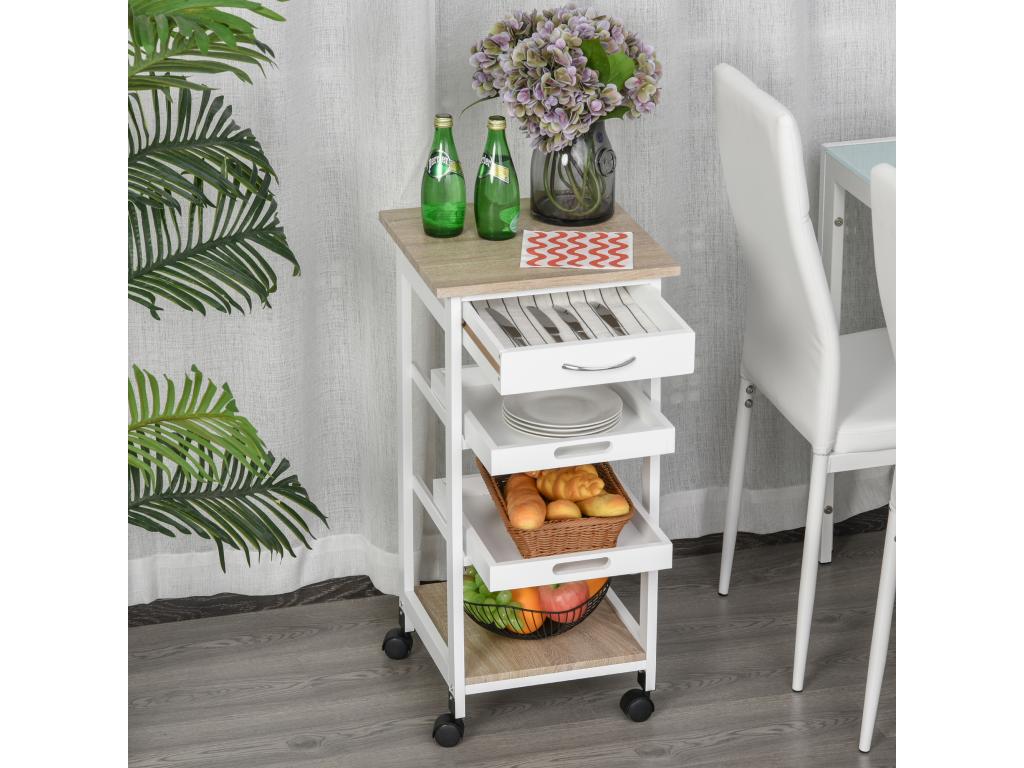 Decohaute kitchen service trolley with 2 removable trays, drawer, shelf, light oak MDF, white pine wood, IMNT39658