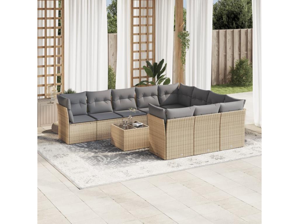 11-piece garden furniture set with beige resin wicker cushions FMXQ51402