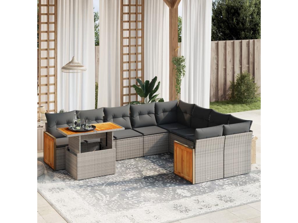 Garden furniture set with cushions, 10 pieces, grey woven resin PWGY88154