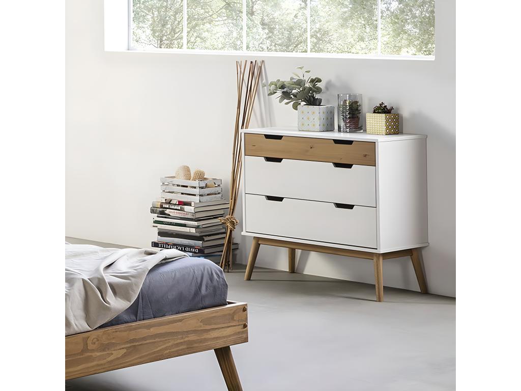Decohaute - 3-Drawer Chest of Drawers, White and Natural Pine MRST94789