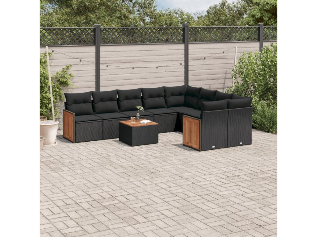 10-piece garden furniture set with cushions, black woven resin ETGM08879