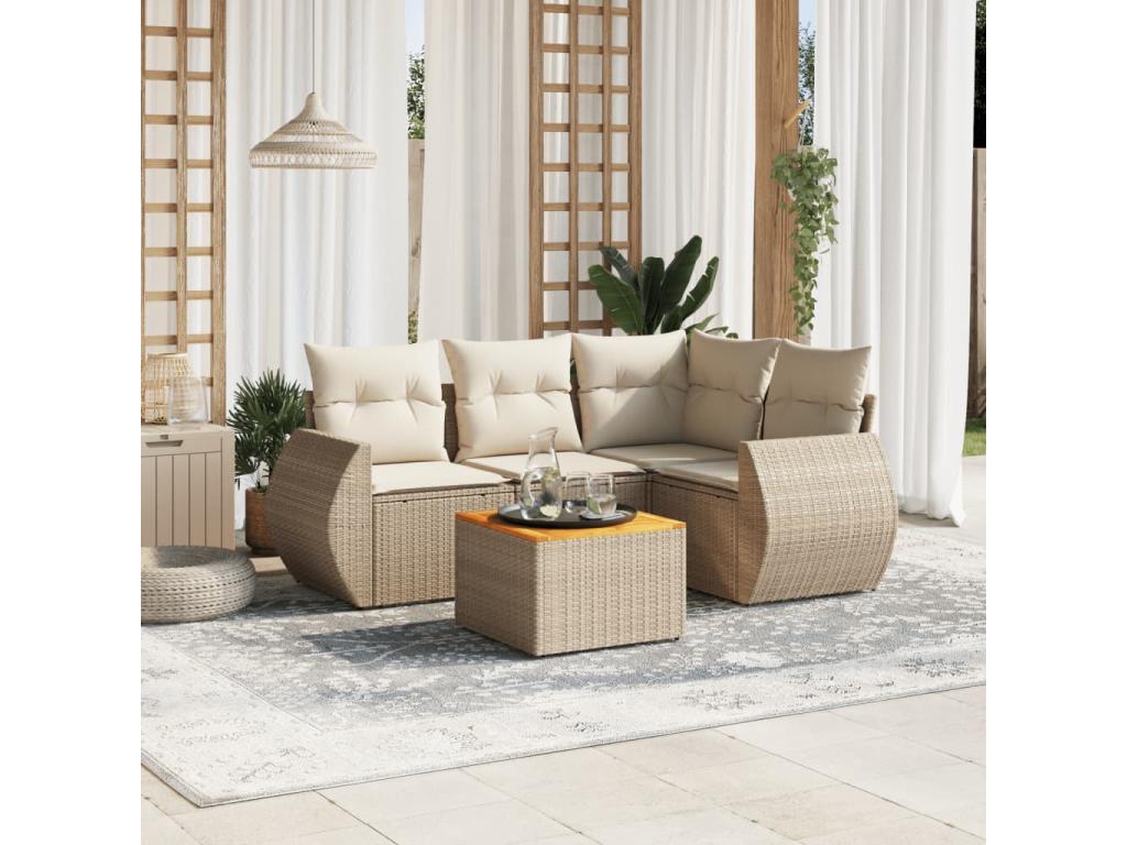 5-piece garden furniture set with cushions, beige woven resin WVQJ27110