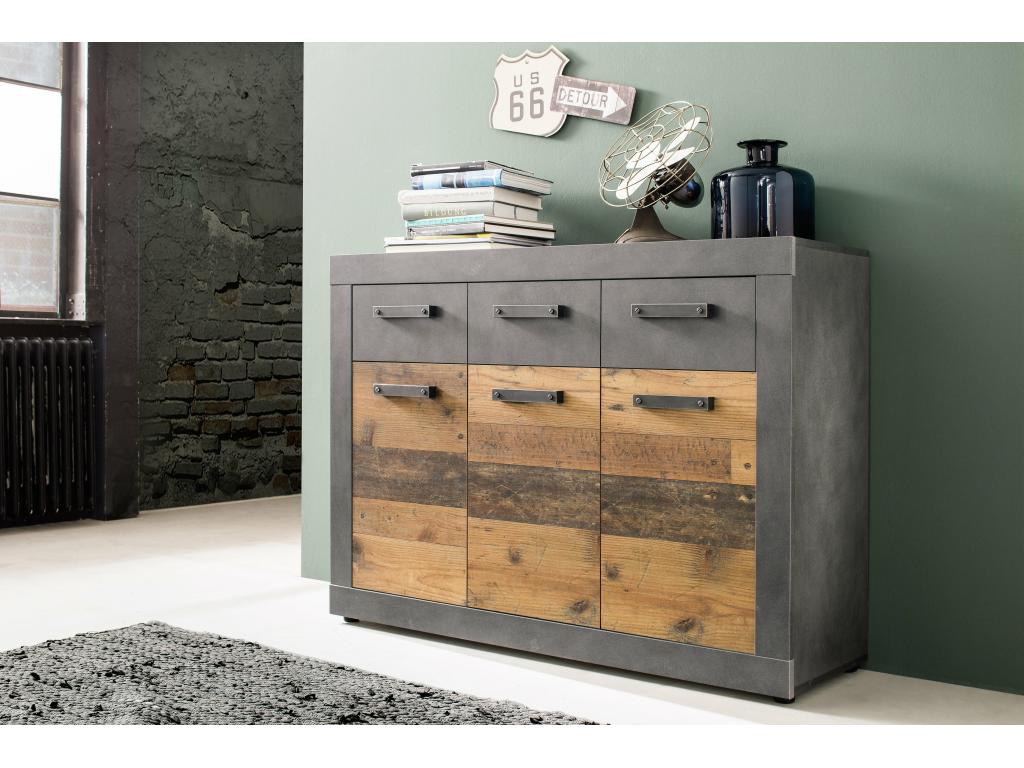 Decohaute - Bedroom furniture - Chest of drawers with 3 drawers in cement grey melamine with aged wood-effect doors - W - H - D 117 - 86 - 37 cm. OUWQ62848