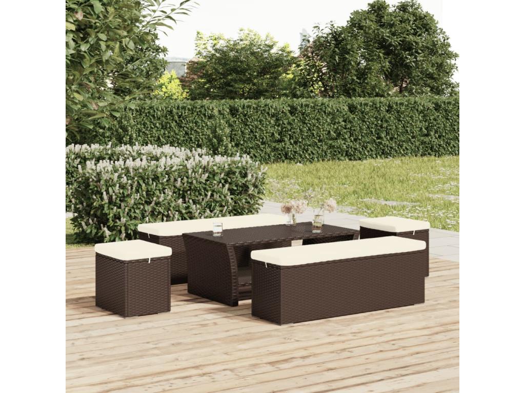 Pouf bench with brown cushion, 110x30x40 cm, woven resin, FLWD04142