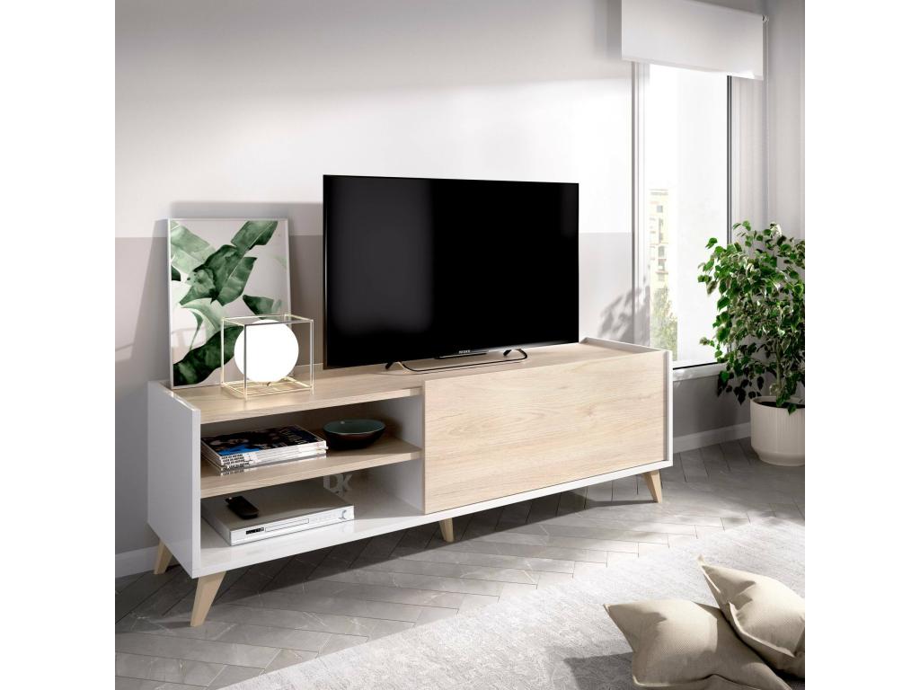 Chezlova TV Stand, Low Sideboard, Living Room Buffet for TV, Chezlova 155x43h47 cm, Oak and White NTPY65228