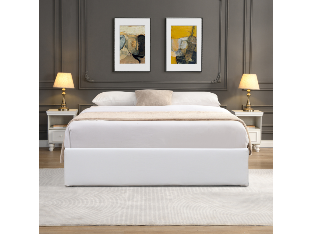 White 160x200 cm storage bed with removable cover and 14 easy-to-assemble and maintain PVC faux leather legs ZOMK48223