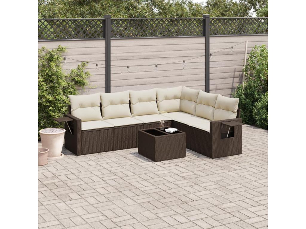 Garden furniture set with cushions, 7 pieces, brown woven resin, JALW13458