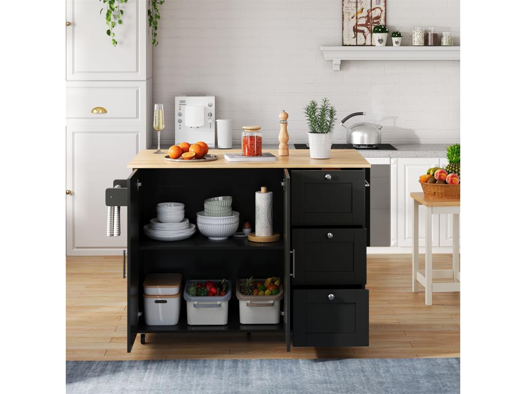 Folding mobile kitchen buffet table with 3 drawers and towel rack, 135x44 x 70x90 cm, Black, WOXI02020